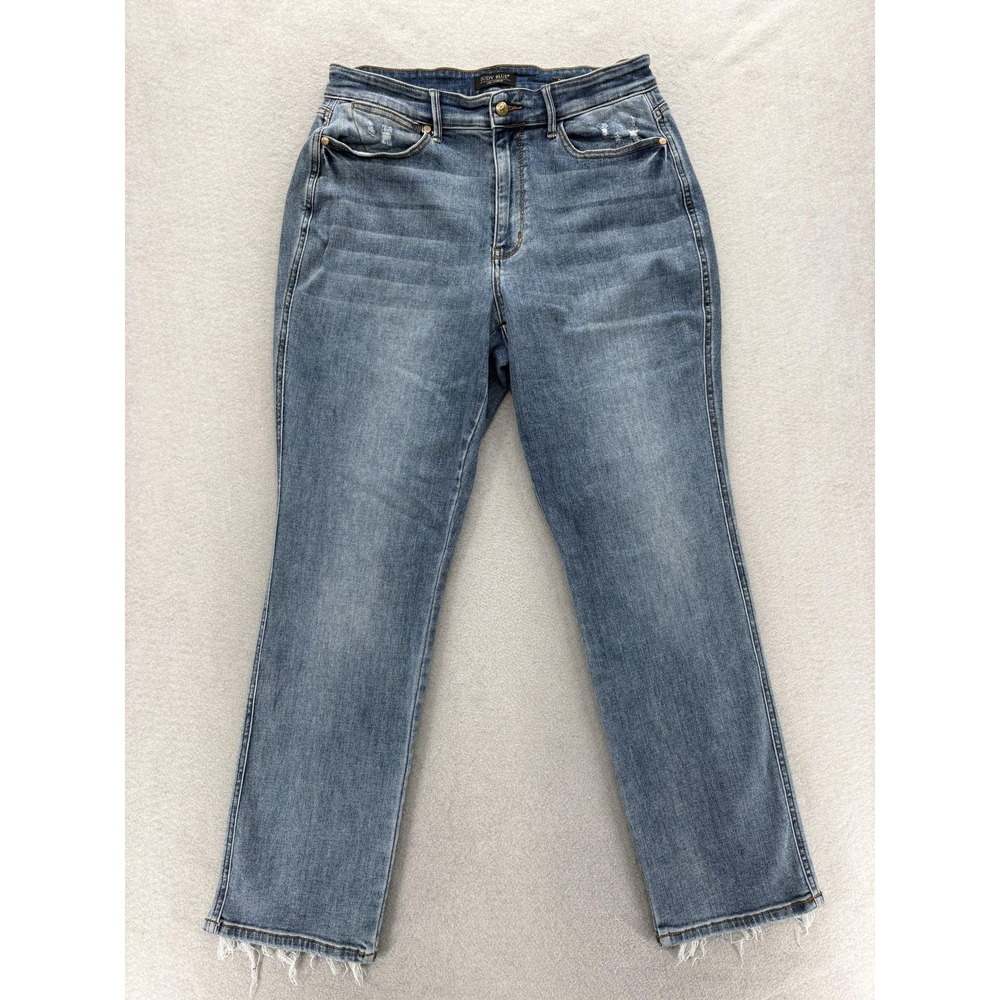 Judy Blue Dad Straight Jeans Womens 14W Blue Wash High Rise Distressed Stretch